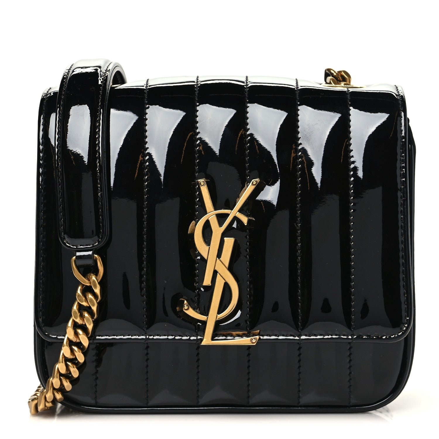 Saint Laurent Patent Calfskin Matelasse Monogram Small Vicky Chain Bag Black