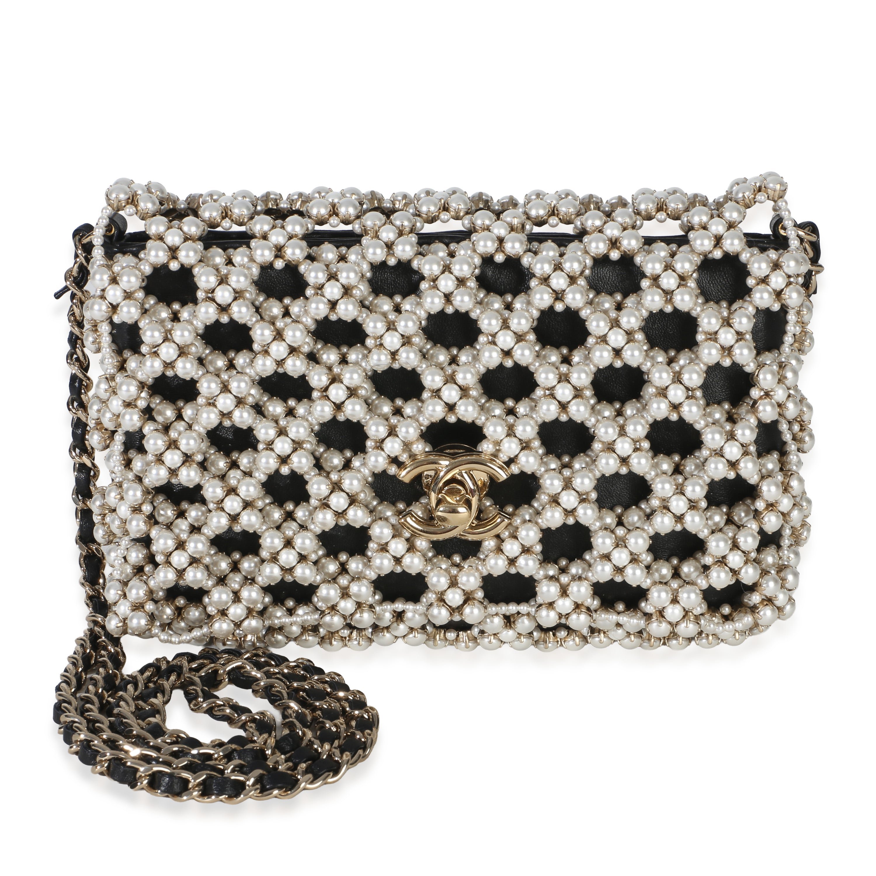 Black Gold Metal Pearl Embellished Mini Flap Bag