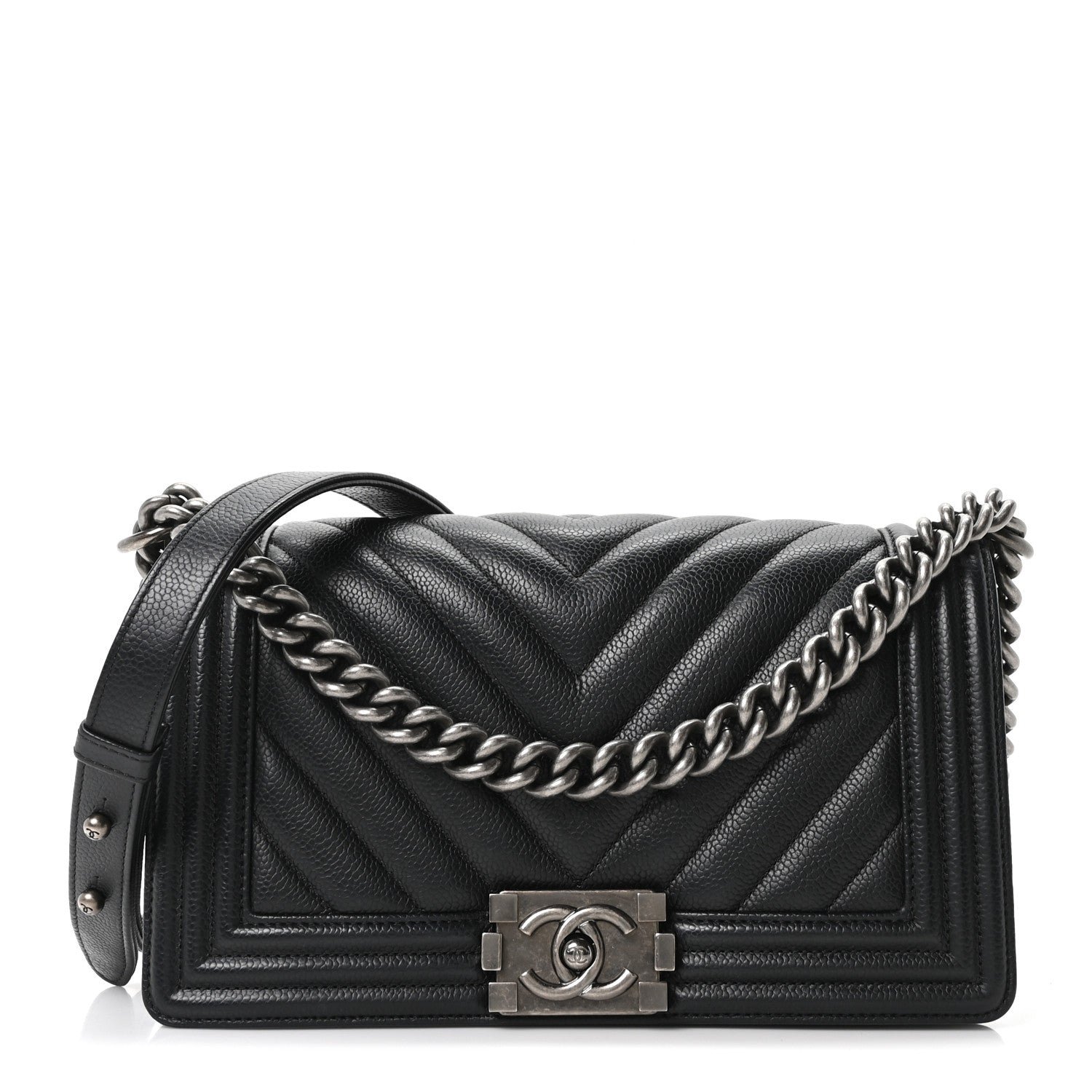 Chanel Caviar Chevron Quilted Medium Boy Flap Black