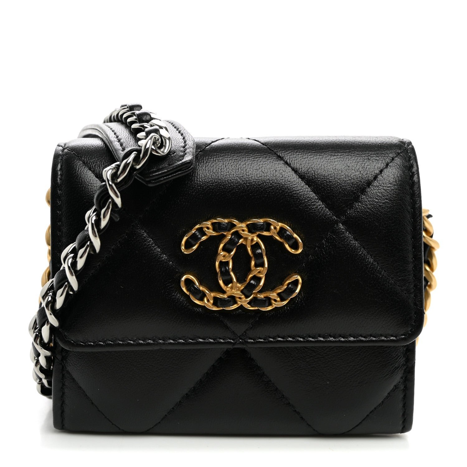 Chanel Lambskin Quilted Chanel 19 Flap Coin Purse With Chain Black