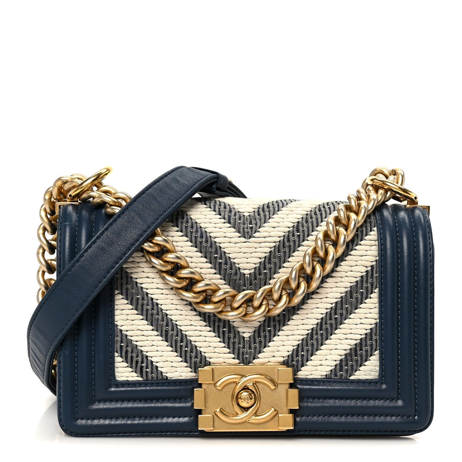 Chanel Fabric Chevron Braided Small Boy Flap Blue Ivory