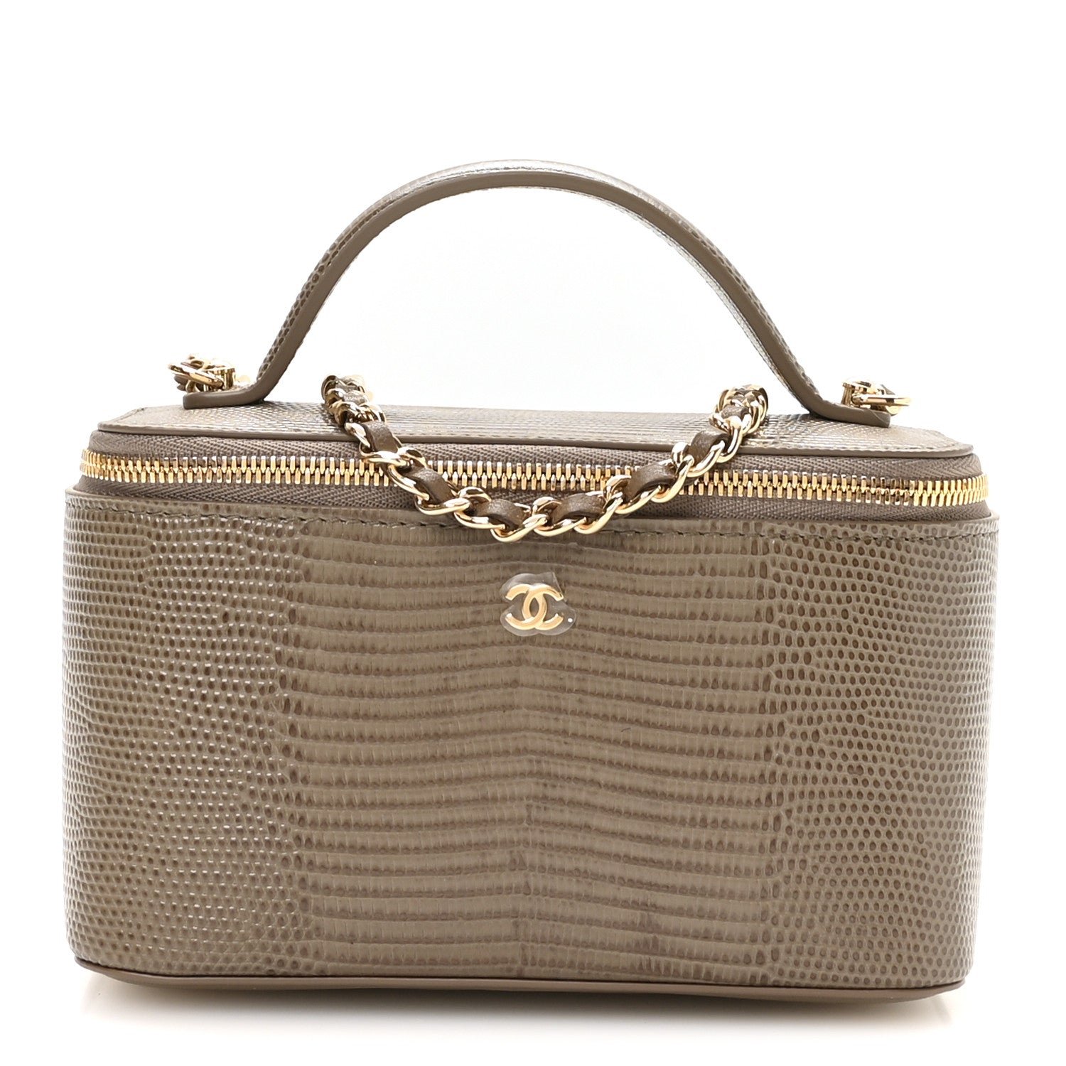 Chanel Calfskin Lizard Embossed Top Handle Vanity With Chain Dark Khaki