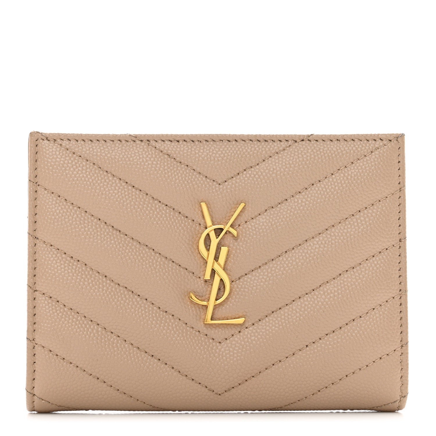 Saint Laurent Grain De Poudre Matelasse Chevron Monogram Zipped Two-Part Wallet Dark Beige