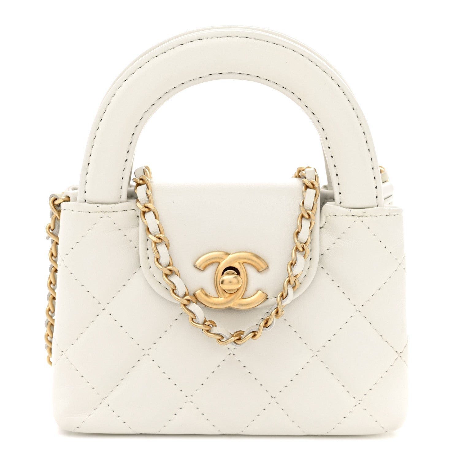 Chanel Shiny Aged Calfskin Quilted Mini Nano Kelly Shopper White