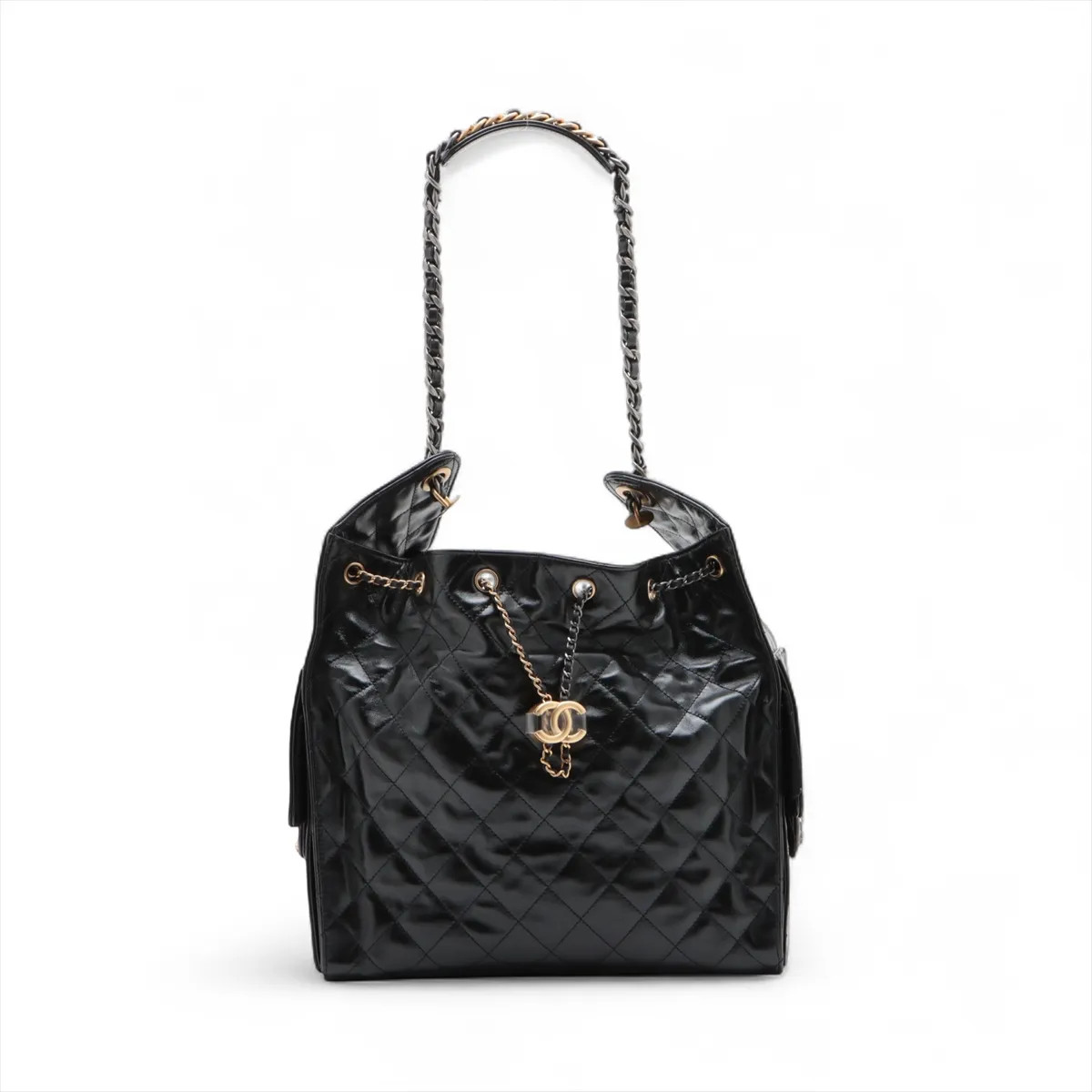 Chanel Chanel 25 Medium Leather Chain Shoulder Bag Black Gold x Silver Metal Fit