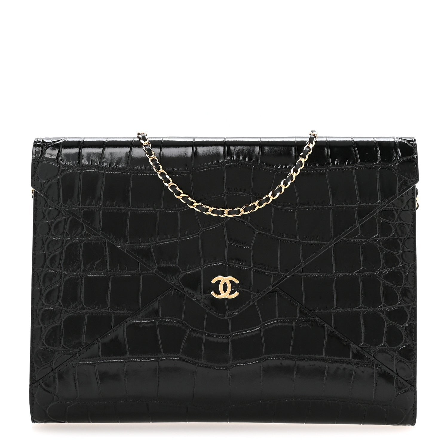Chanel Calfskin Crocodile Embossed Croc Illusion Clutch With Chain Black