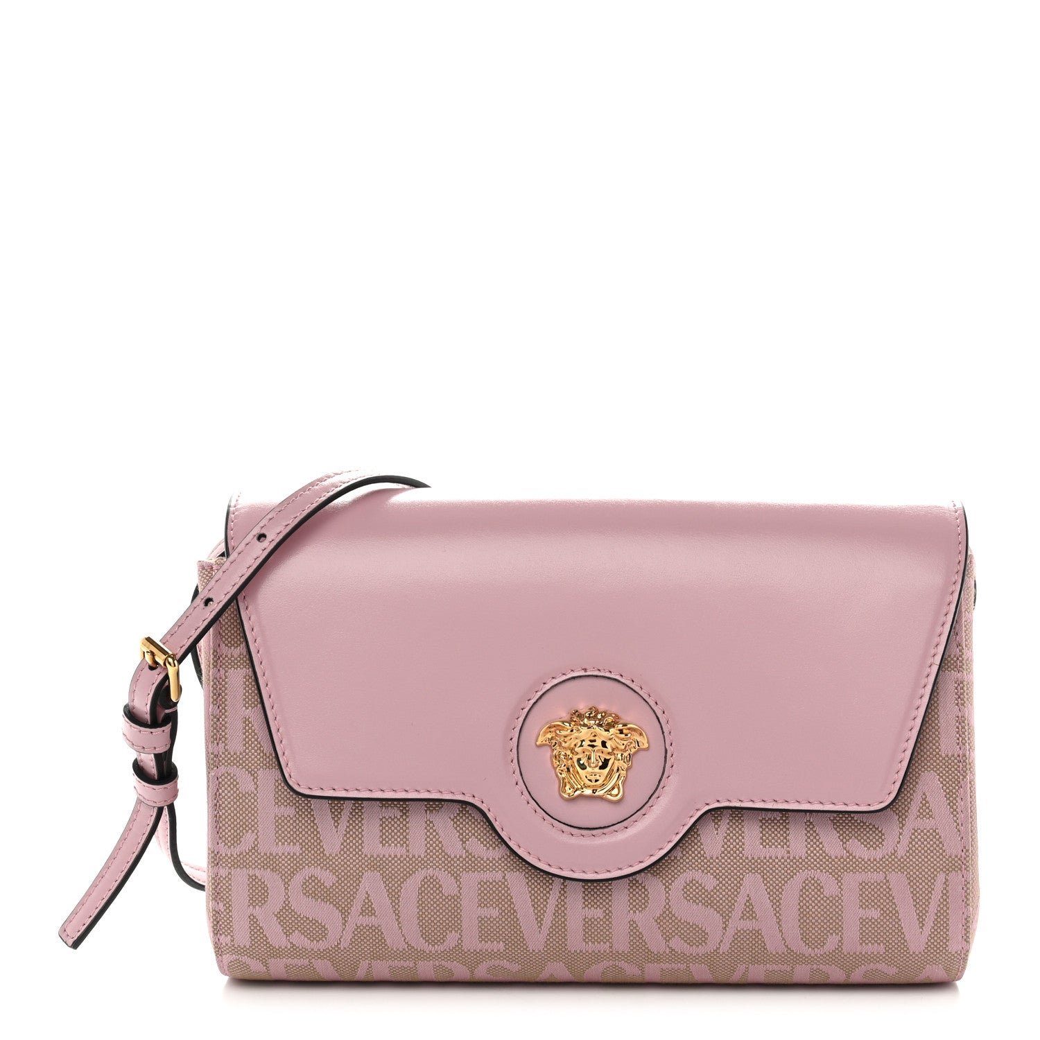 Versace Calfskin Canvas Allover La Medusa Crossbody Bag Pink