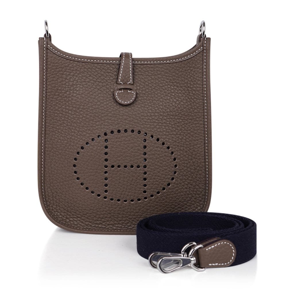Hermes Hermes Mini Evelyne TPM Bag Etoupe Navy Strap Clemence Leather with Palladium Hardware