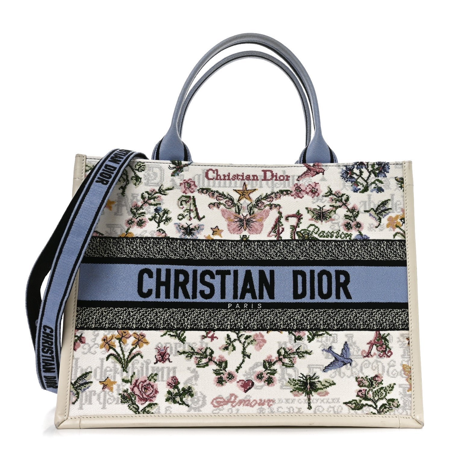 Christian Dior Calfskin Canvas Embroidered Medium Dioramour 47 Passion Book Tote With Strap White Multicolor