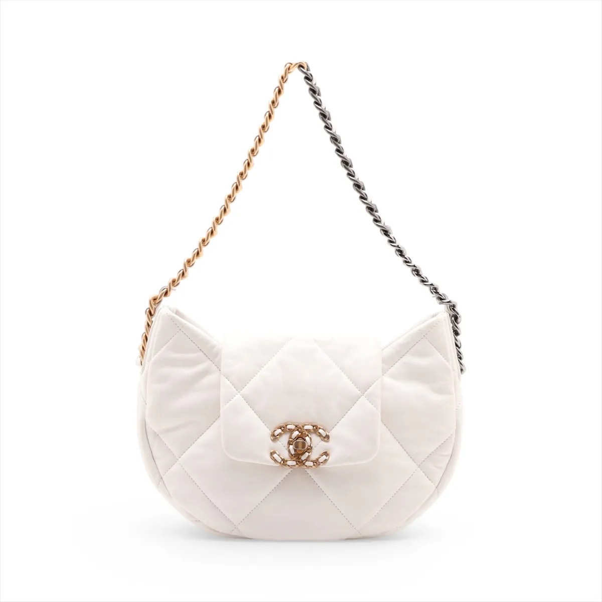 Chanel CHANEL 19 Lambskin Chain Shoulder Bag Hobo White Gold x Silver Metal Fitt