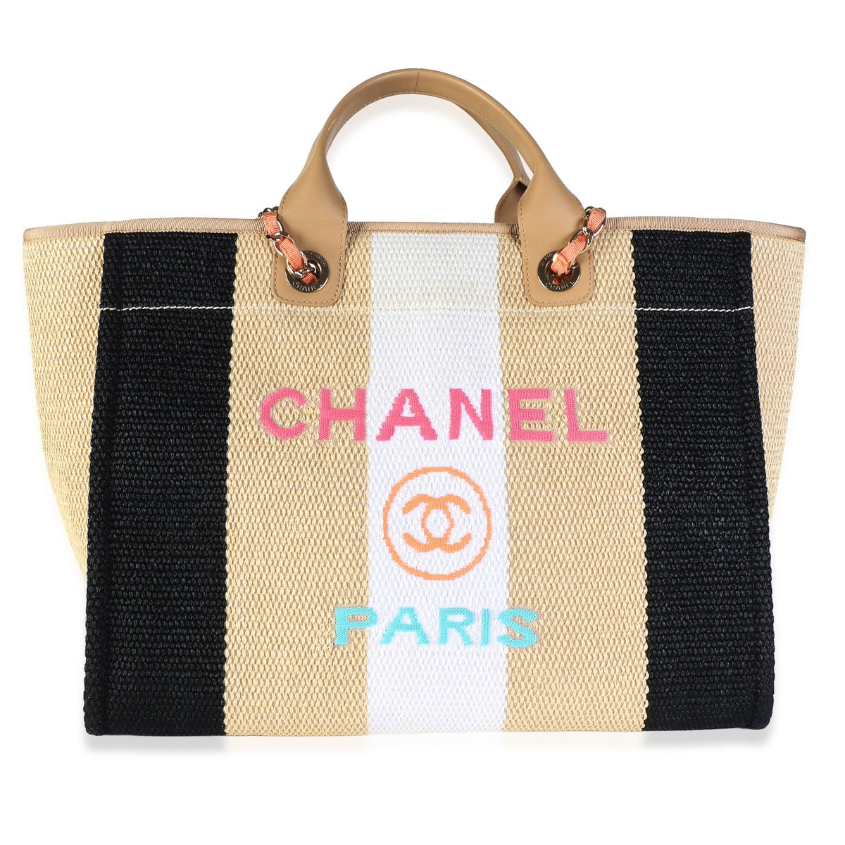 Natural Multicolor Straw Raffia Calfskin Striped Medium Deauville Tote