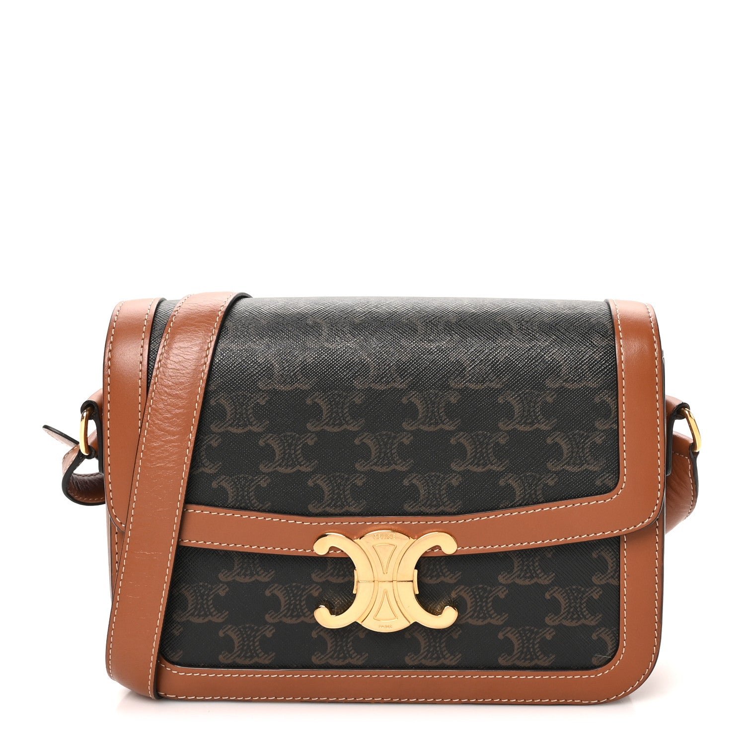Celine Triomphe Canvas Calfskin Medium Triomphe Bag Tan