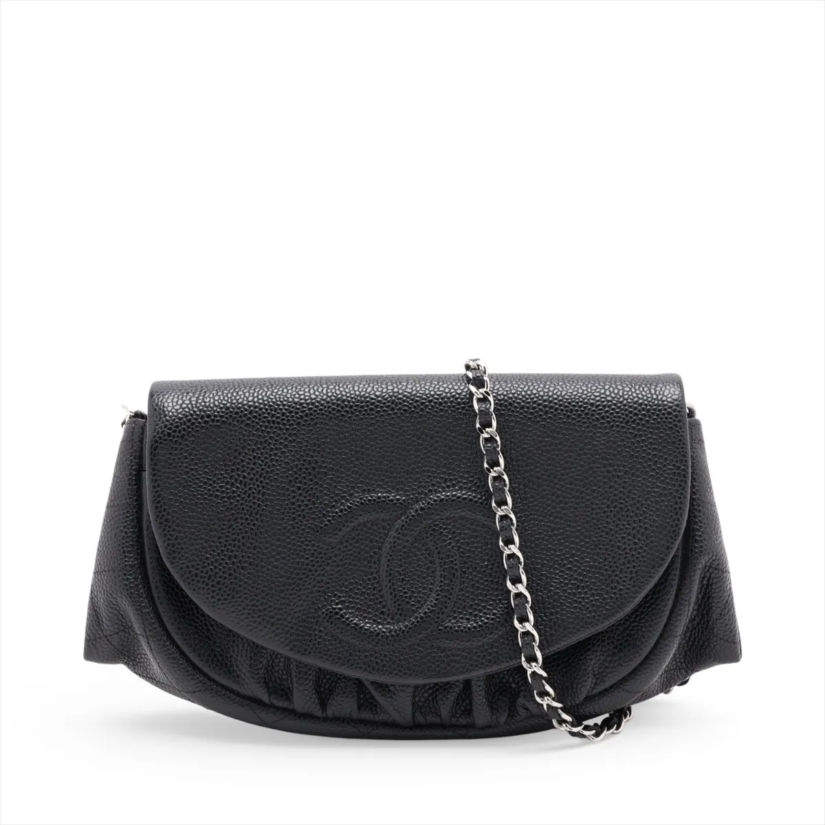 Chanel Half Moon Caviar Skin Chain Shoulder Bag Black Silver Metal Fittings 15XX