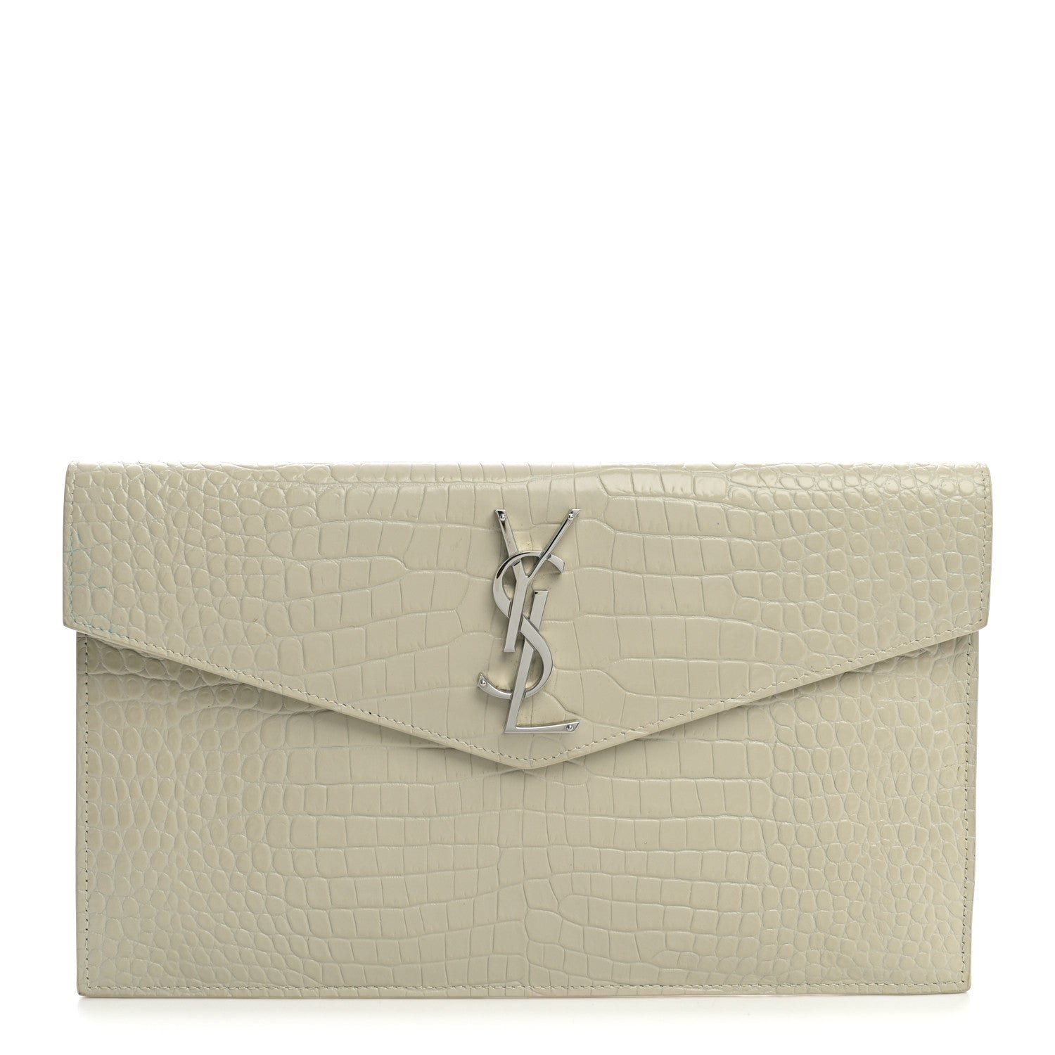 Saint Laurent Calfskin Crocodile Embossed Uptown Monogram Pouch Crema Soft