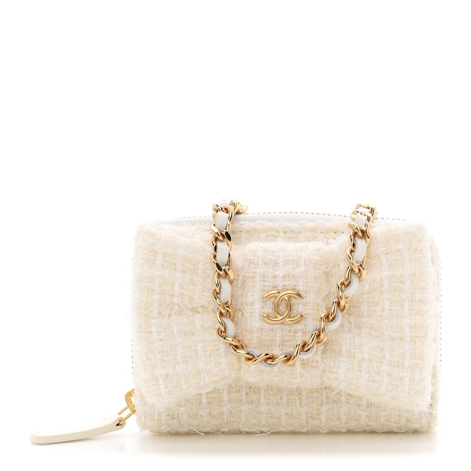 Chanel Tweed Quilted Bow Flap Card Holder On Chain White