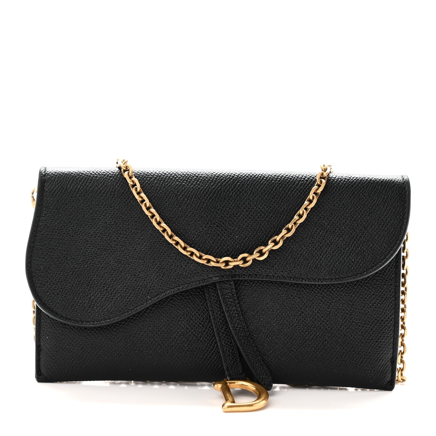 Christian Dior Grained Calfskin Saddle Chain Wallet Pouch Black