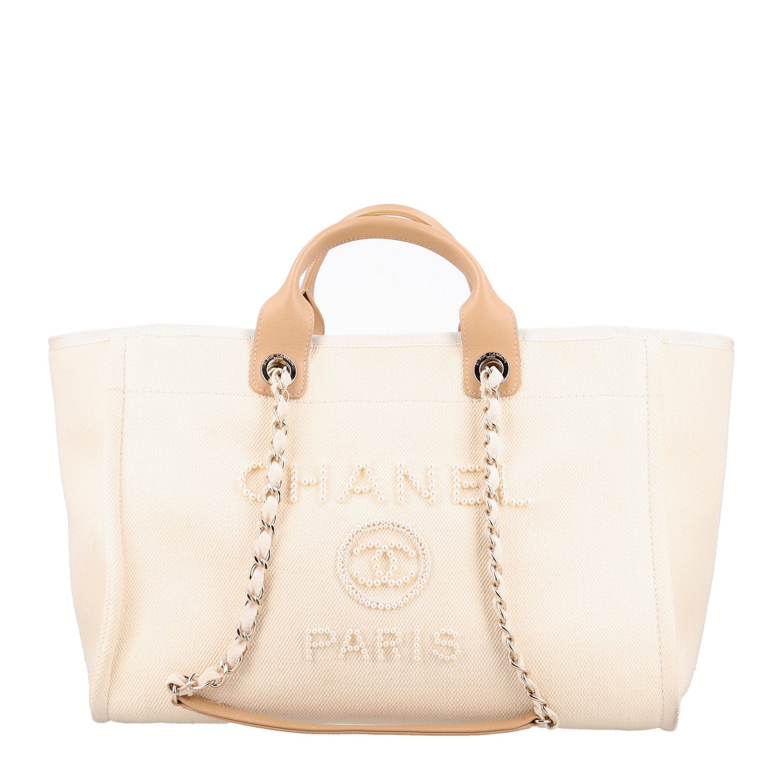Chanel Canvas Pearl Medium Deauville Tote Ecru Beige