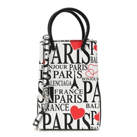 Balenciaga Calfskin Bonjour Paris Print Shopping Phone Holder Bag Paris Bonjour