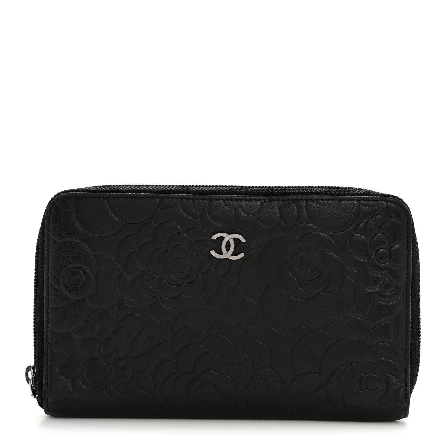 Chanel Lambskin Camellia Embossed Zip Around Organizer Wallet Black