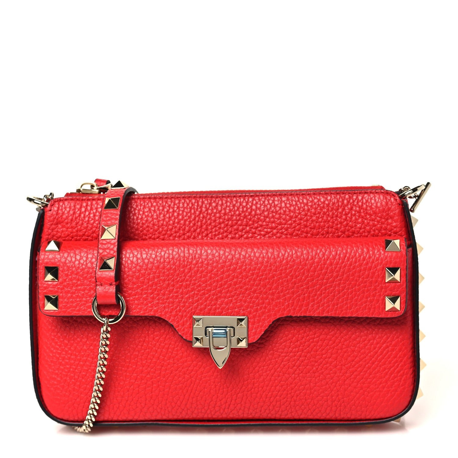 Valentino Garavani Grainy Calfskin Rockstud Flip Lock Chain Pouch Rouge Pur