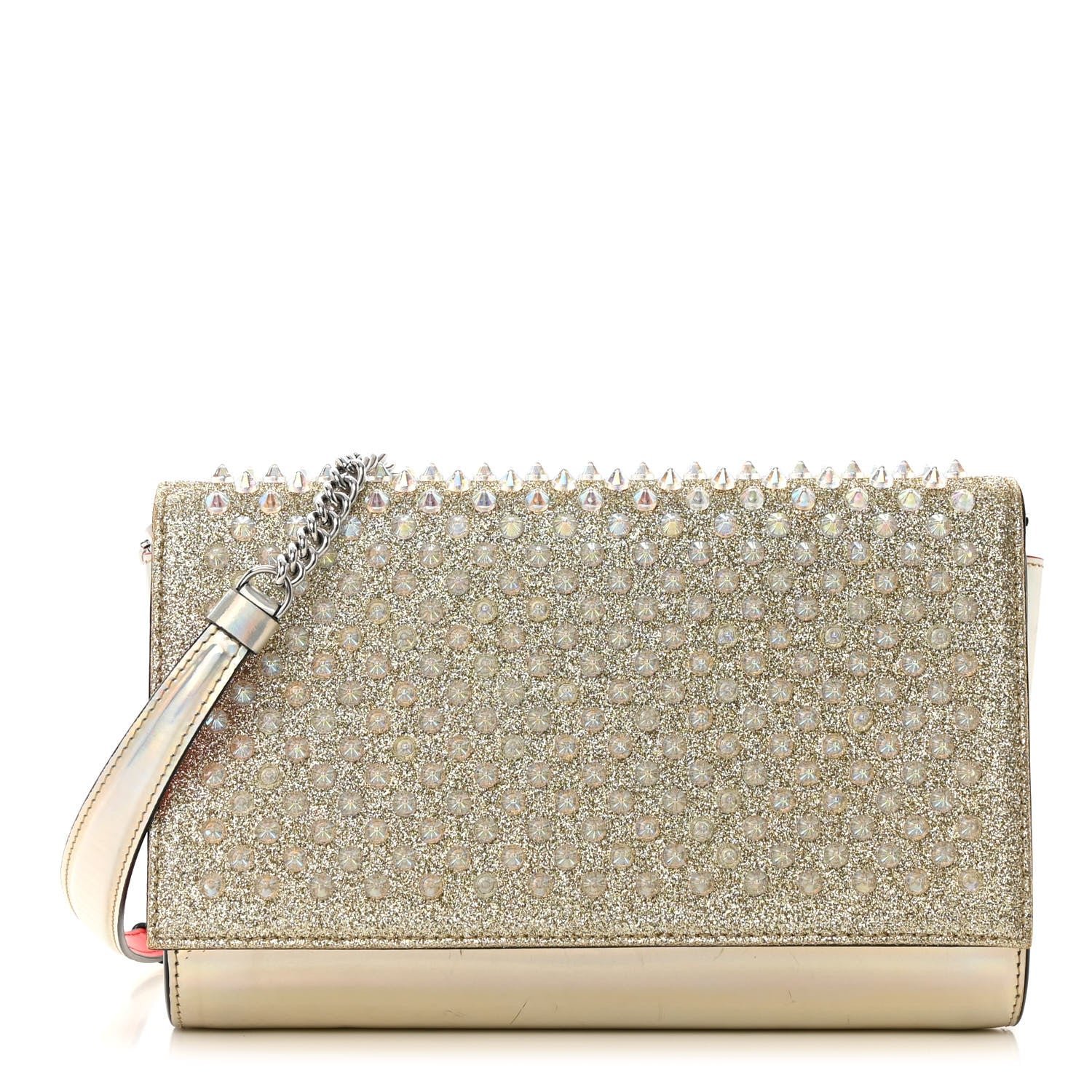 Christian Louboutin Metallic Glitter Patent Calfskin Spikes Boudoir Chain Wallet Silver