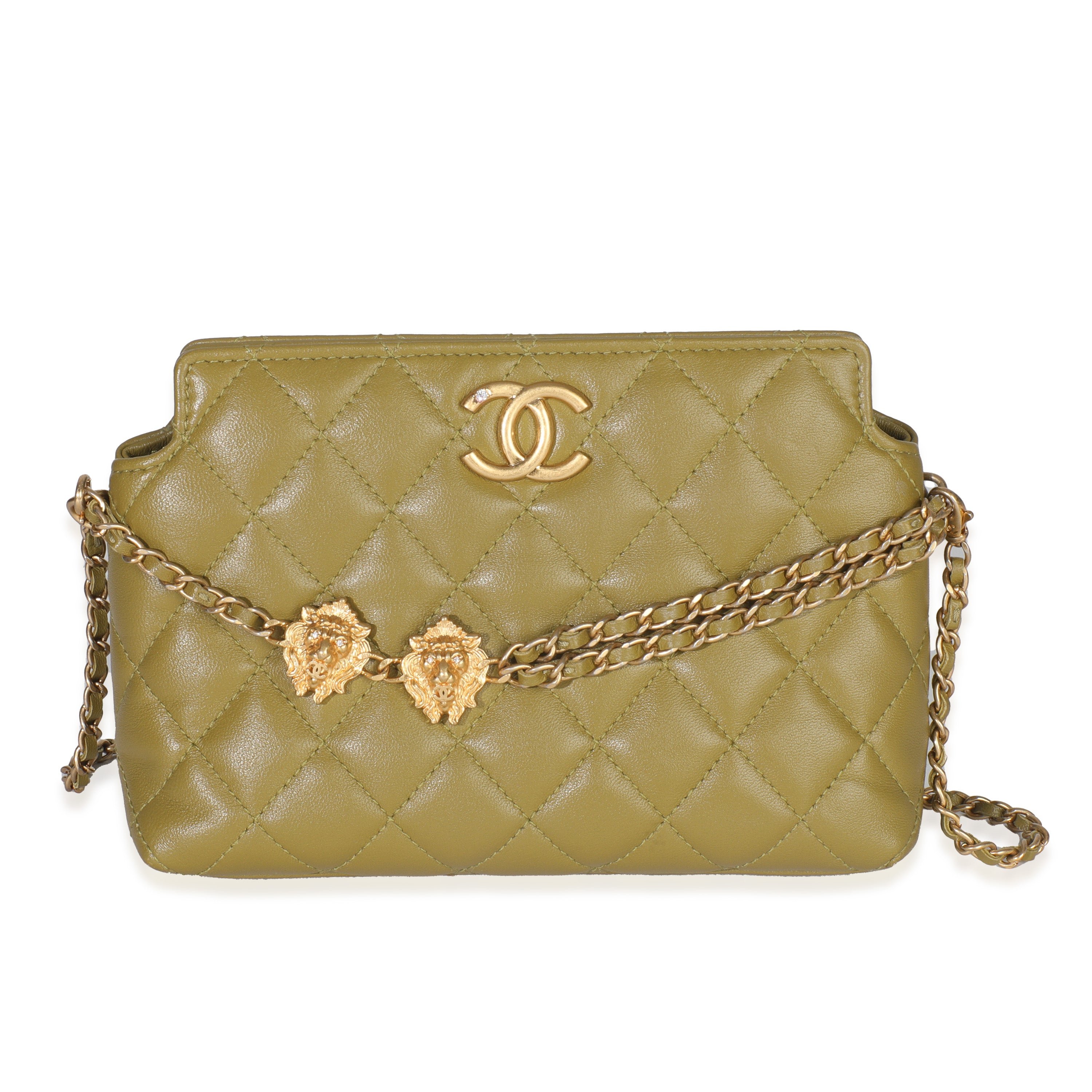 Chanel Green Quilted Lambskin Lion Head Clutch With Chain