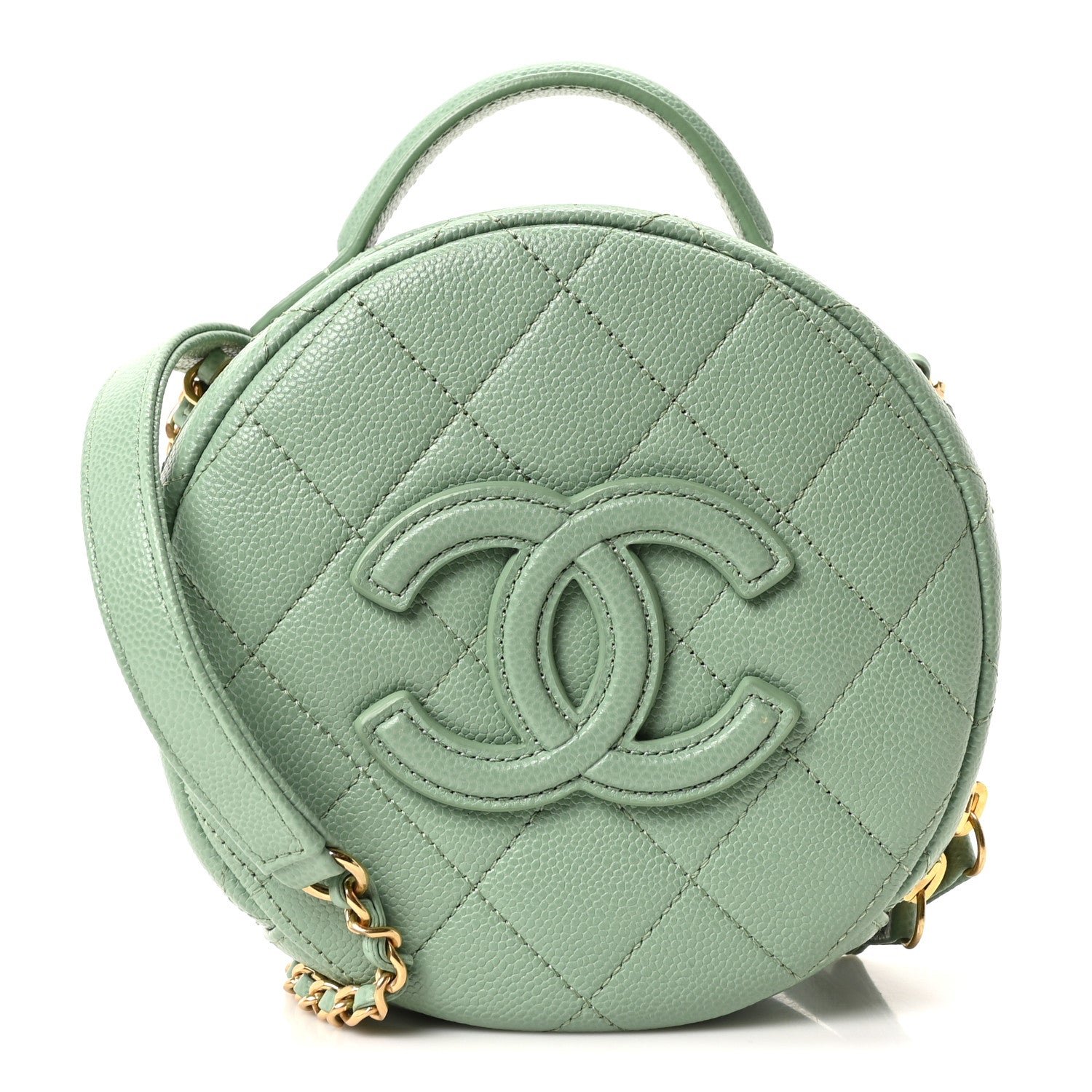 Chanel Caviar Quilted Small Round Vanity With Chain Light Green