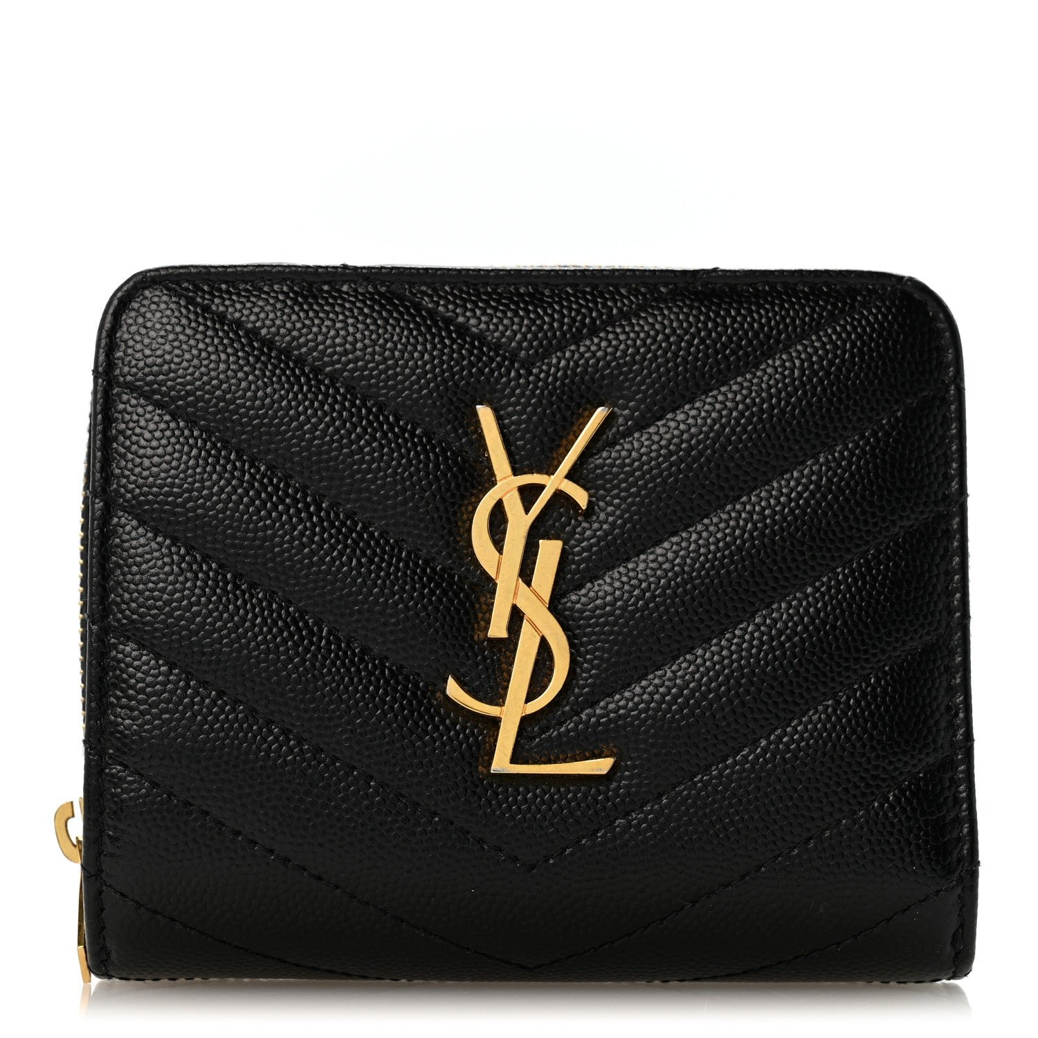 Saint Laurent Grain De Poudre Matelasse Chevron Monogram Compact Zip Around Wallet Black