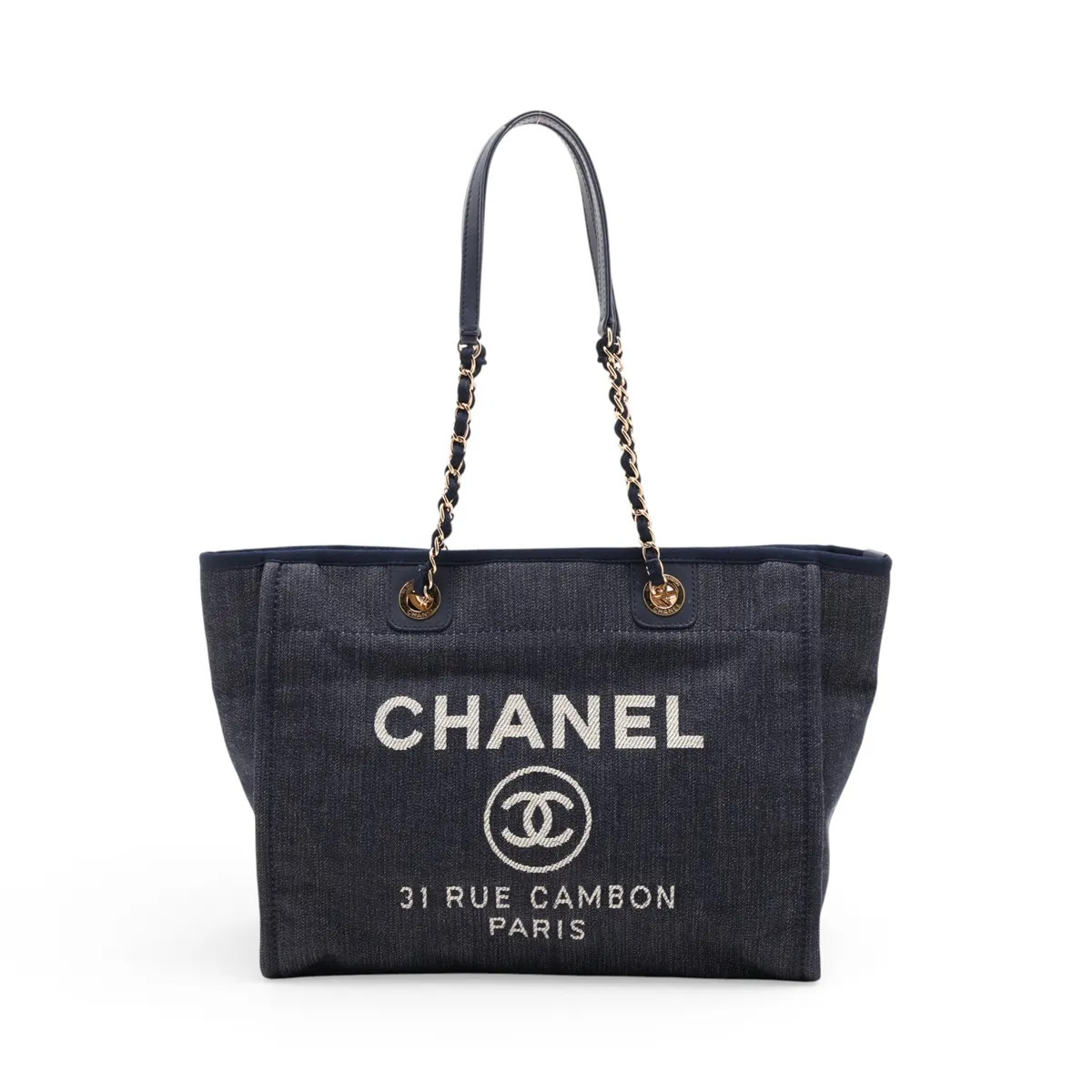 Chanel Deauville MM Denim & leather Chain Tote Bag Navy Blue Gold Metal Fittings