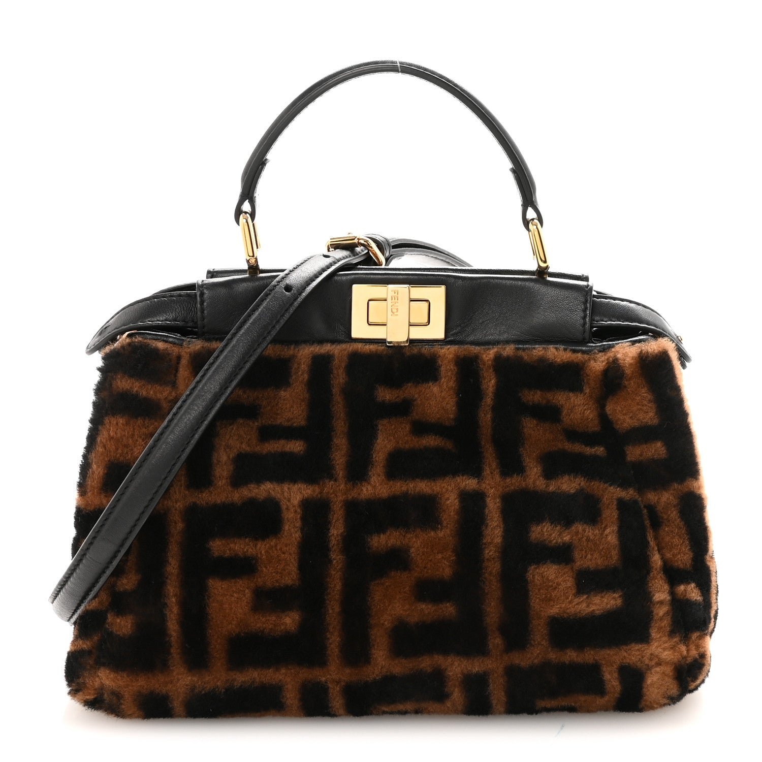 Fendi Shearling Nappa Macro FF 1974 Mini Peekaboo Iconic Satchel Tobacco Black