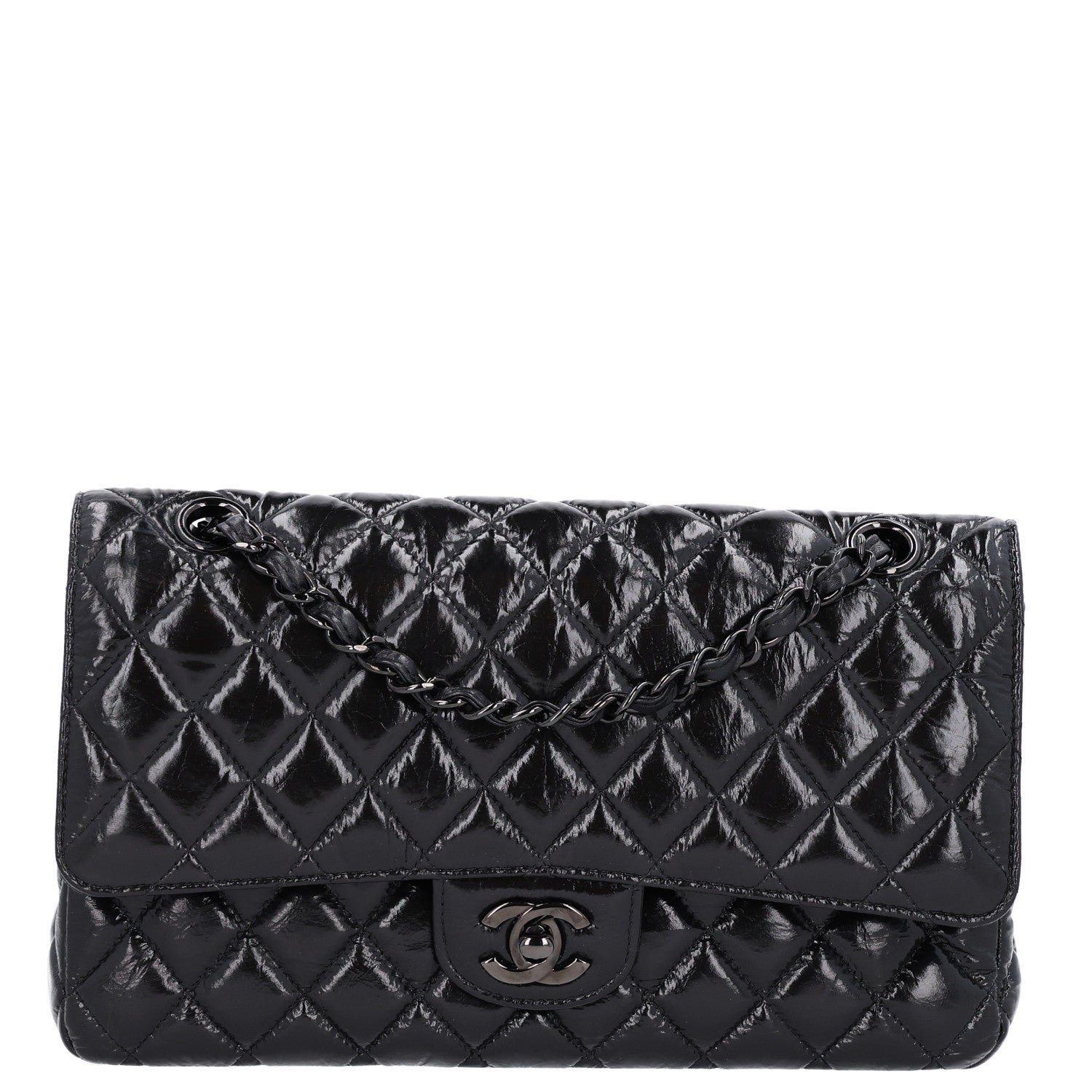 Chanel Shiny Crumpled Calfskin Quilted Medium Double Flap So Black