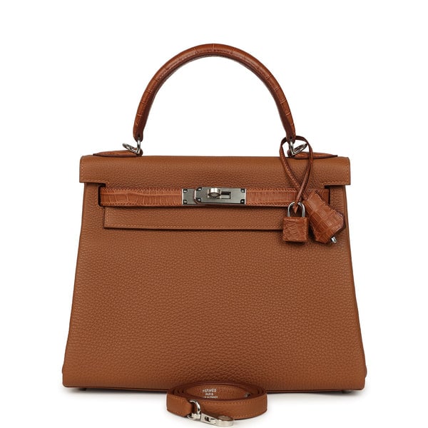 Hermes Hermes Kelly Retourne 28 Gold Togo and Matte Porosus Crocodile Touch Palladium Hardware