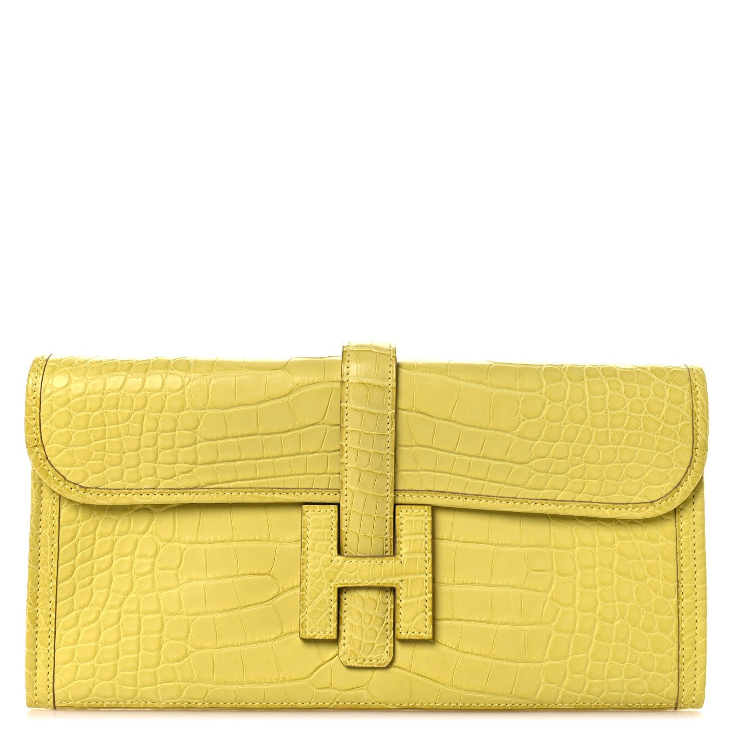 Hermes Matte Alligator Verso Jige Elan 29 Clutch  Lime Caramel