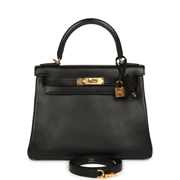 Pre-owned Hermes Kelly Retourne 28 Black Evercalf Gold Hardware