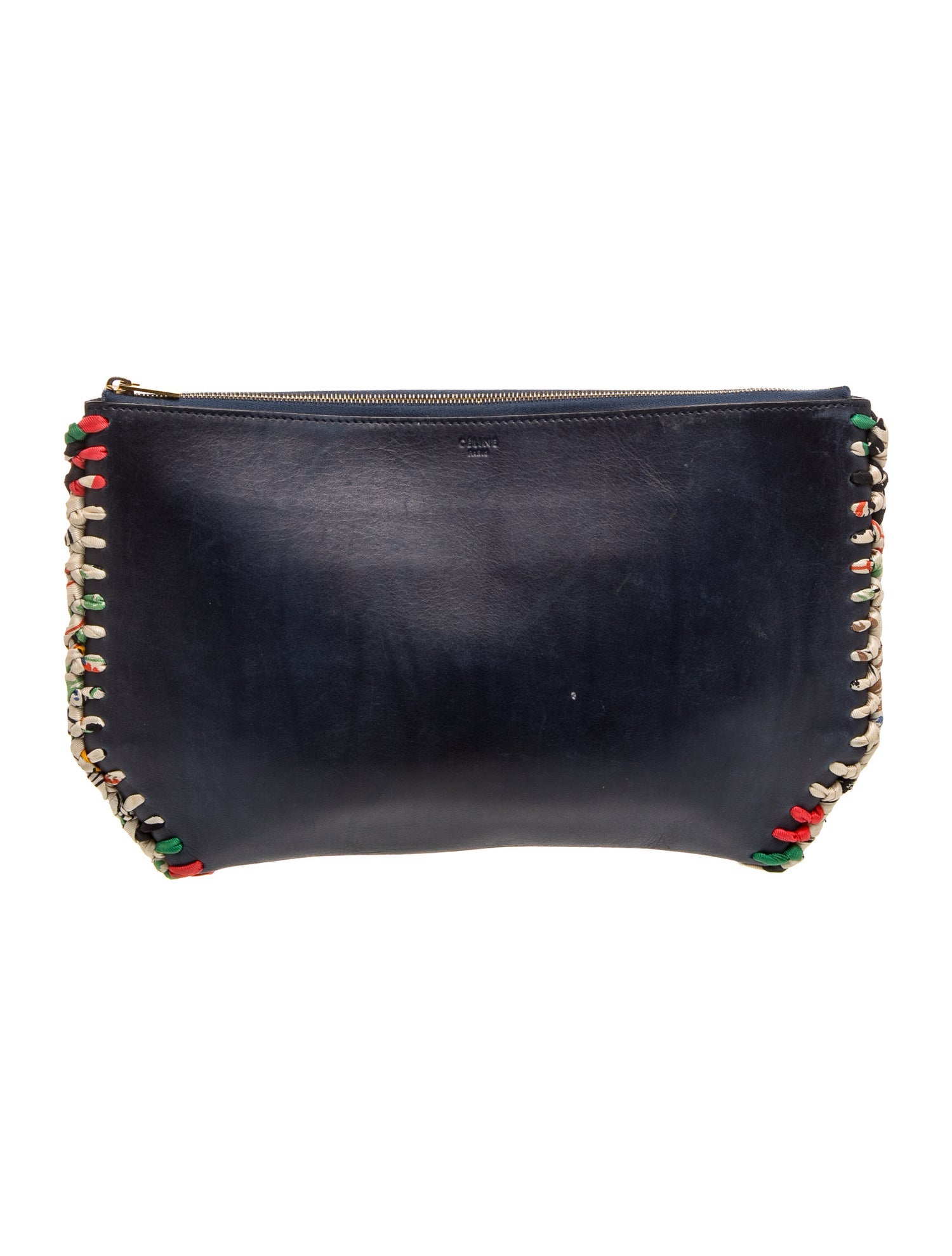 Celine Leather Navy Blue Leather Braided/ Whipstitch Zip Pouch