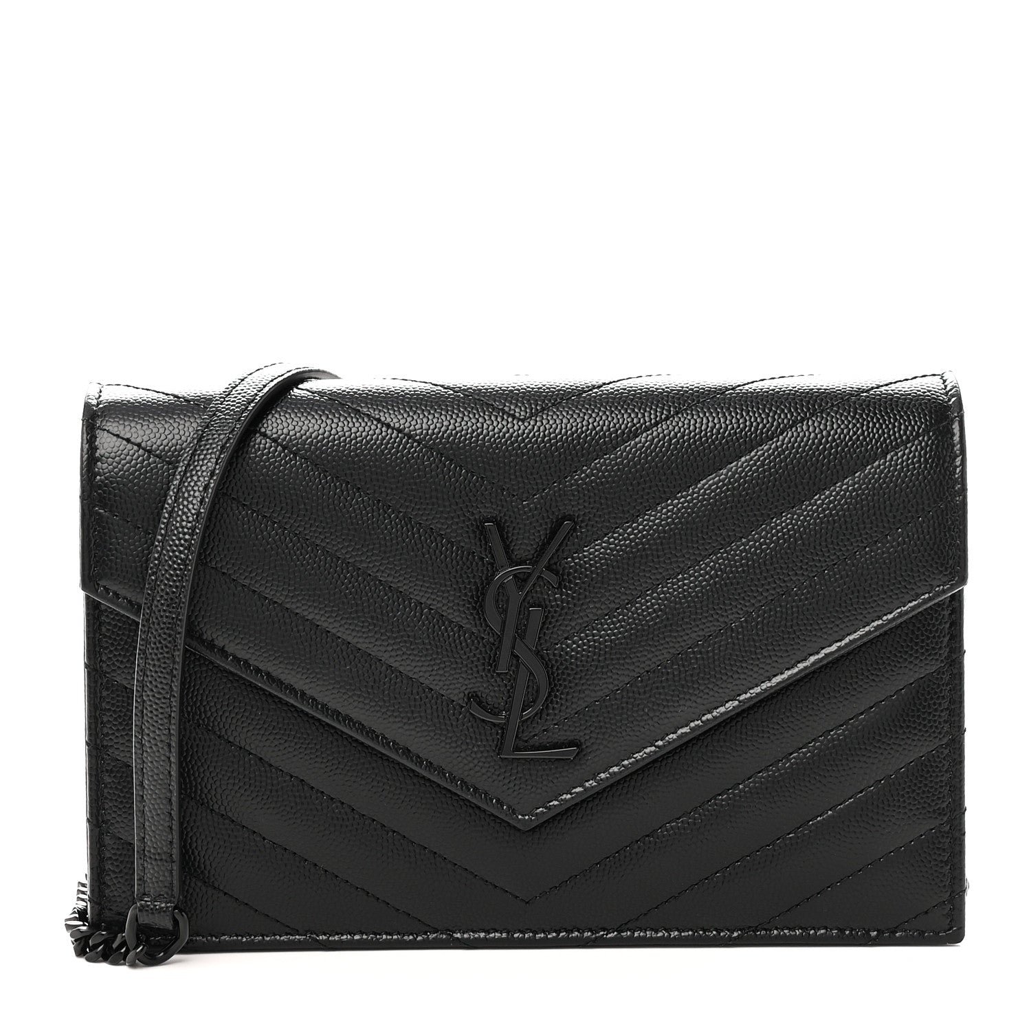 Saint Laurent Grain De Poudre Matelasse Chevron Monogram Monochrome Envelope Chain Wallet Black
