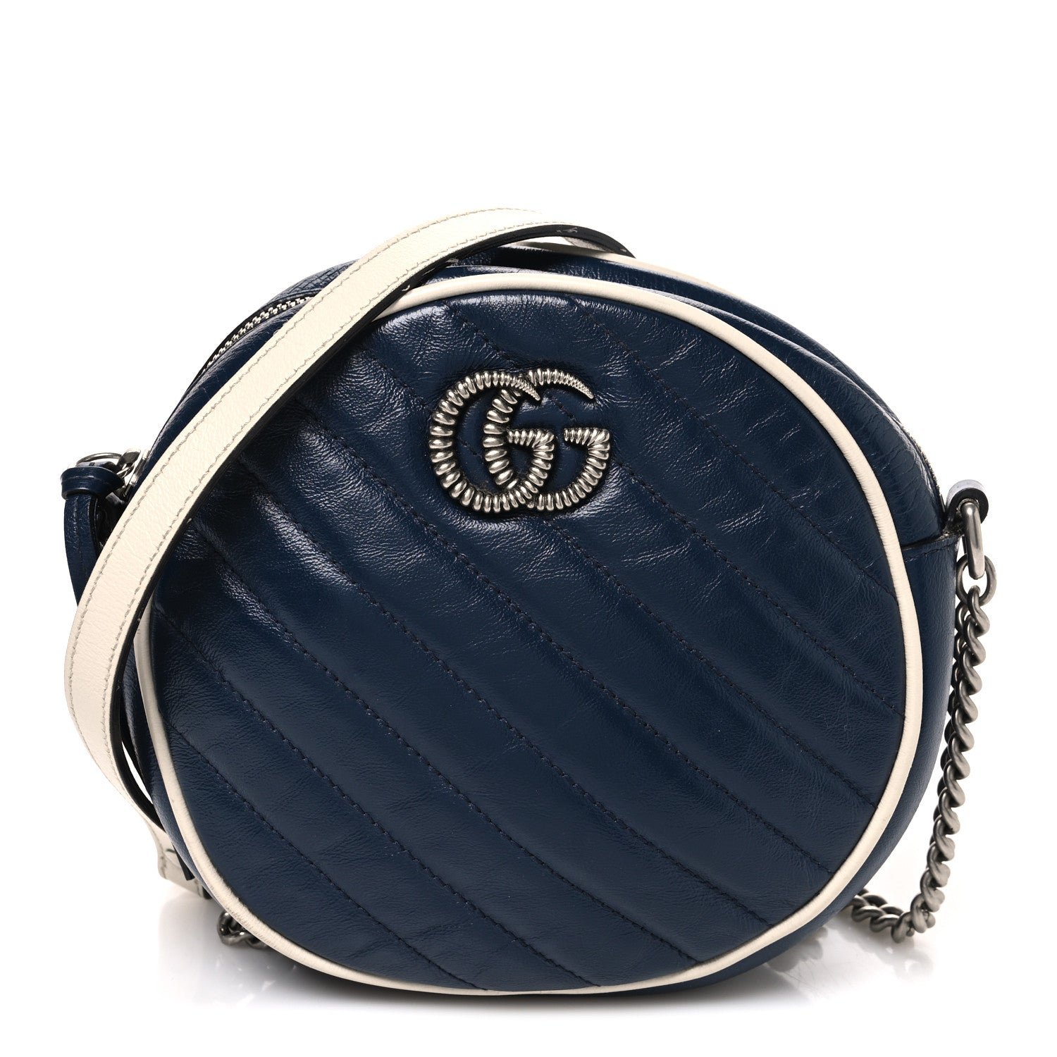 Gucci Azalea Calfskin Matelasse Diagonal Mini Torchon GG Marmont Round Shoulder Bag Blue Agata Mystic White