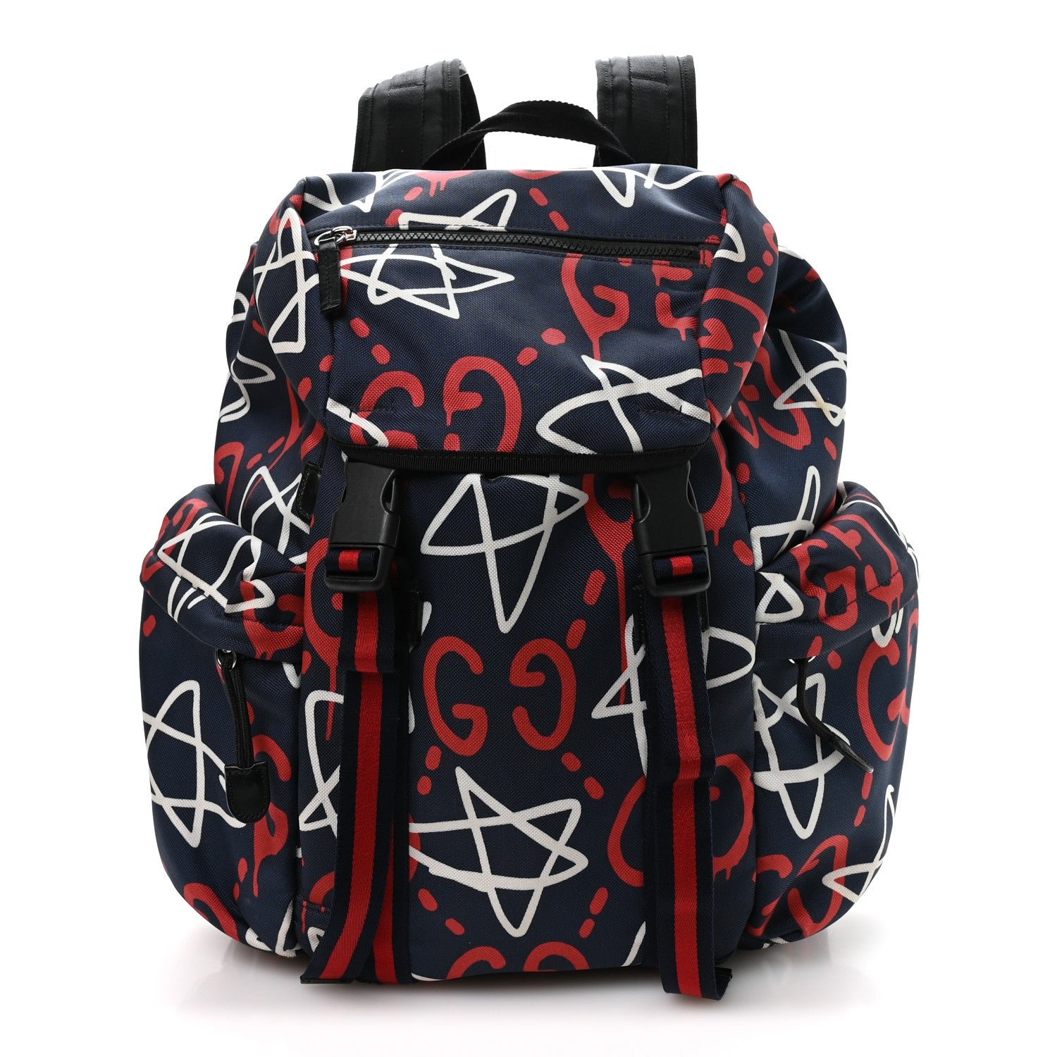 Gucci Techno Canvas GucciGhost Double Buckle Backpack Blue Agata Hibiscus Red