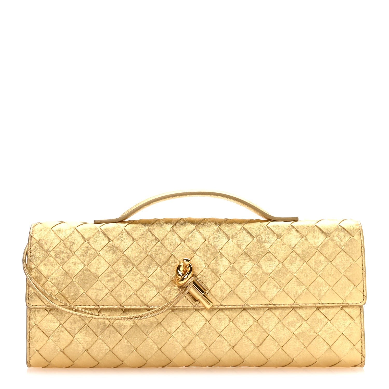 Bottega Veneta Metallic Satin Lambskin Intrecciato Long Andiamo Top Handle Clutch Gold
