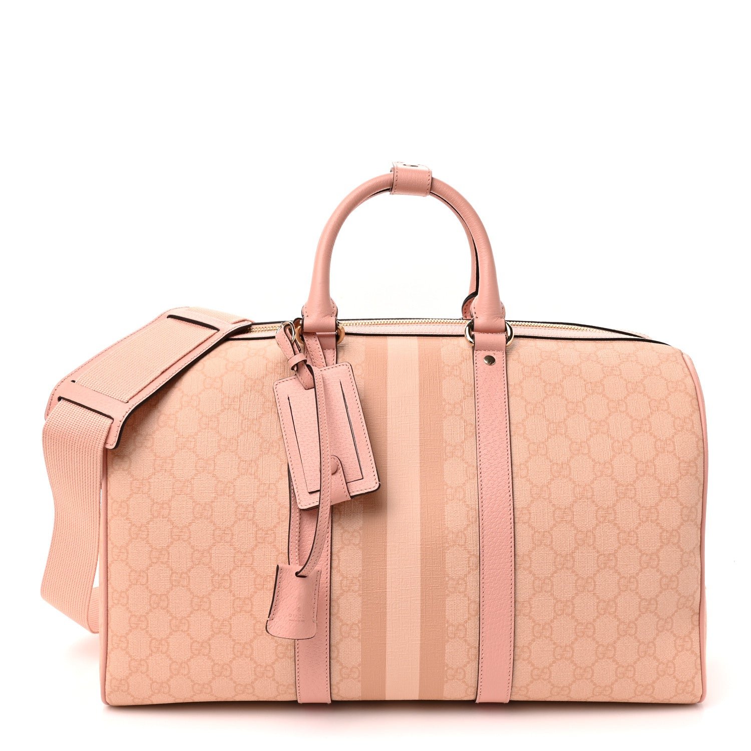 Gucci GG Supreme Monogram Textured Dollar Calfskin Web Medium Savoy Duffle Bag Rose Pink