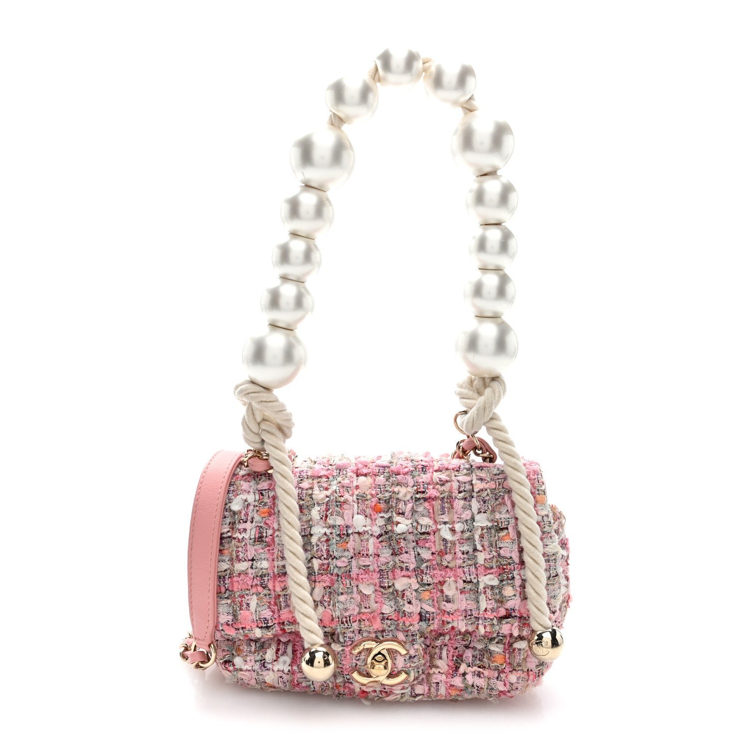 Chanel Tweed Mini Pearl Handle Flap Pink Beige Orange Ecru