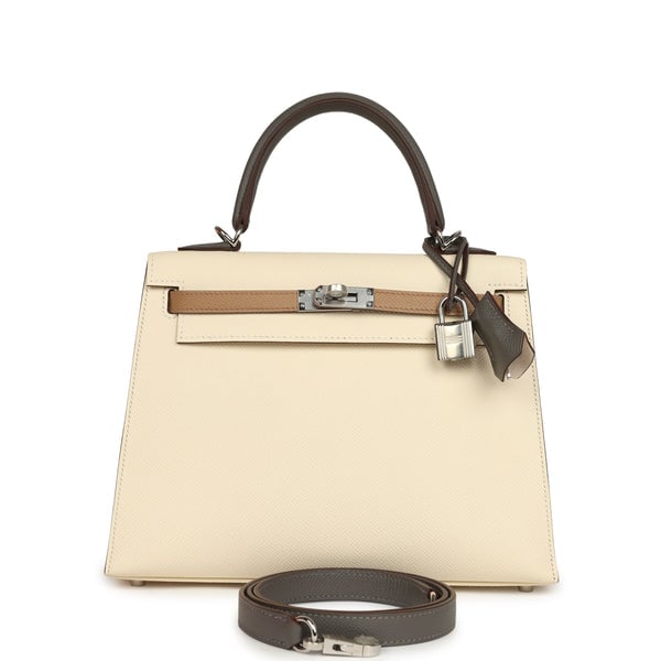 Hermes Kelly Sellier 25 Tri-Color Nata, Chai, Gris Meyer Epsom Palladium Hardware