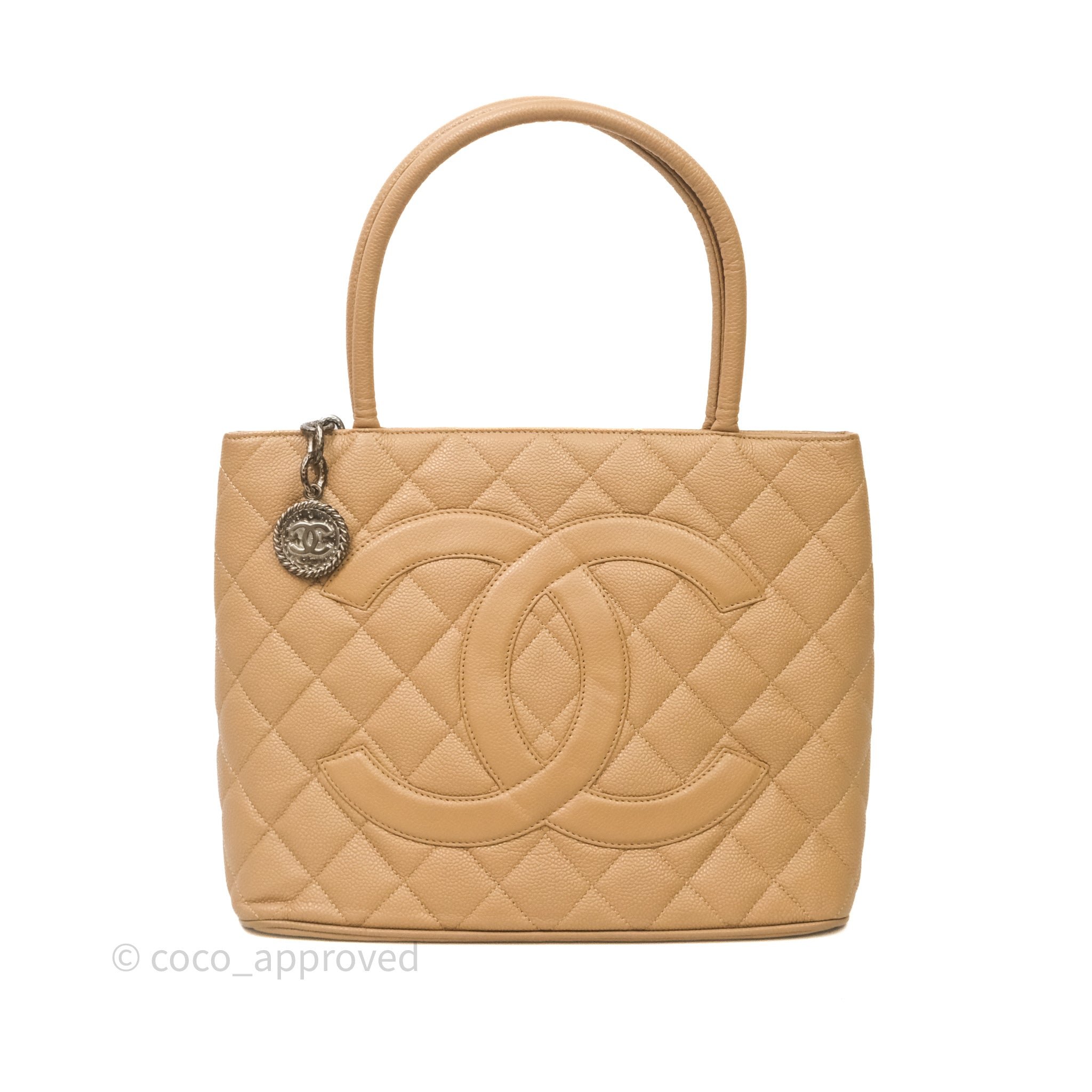 Chanel Vintage Medallion CC Beige Caviar Tote Bag Silver Hardware