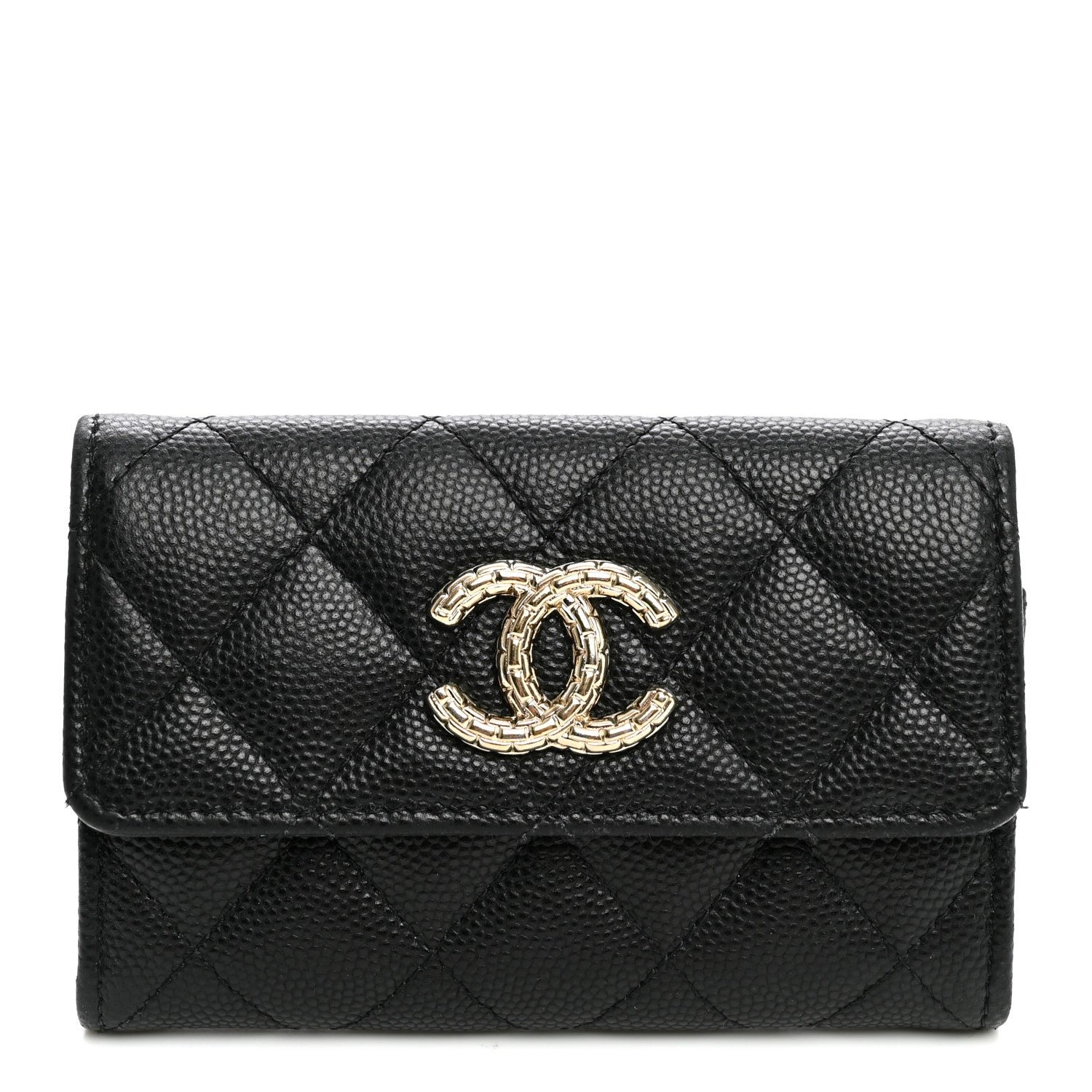 Chanel Caviar Quilted Textured CC Flap Card Holder Black