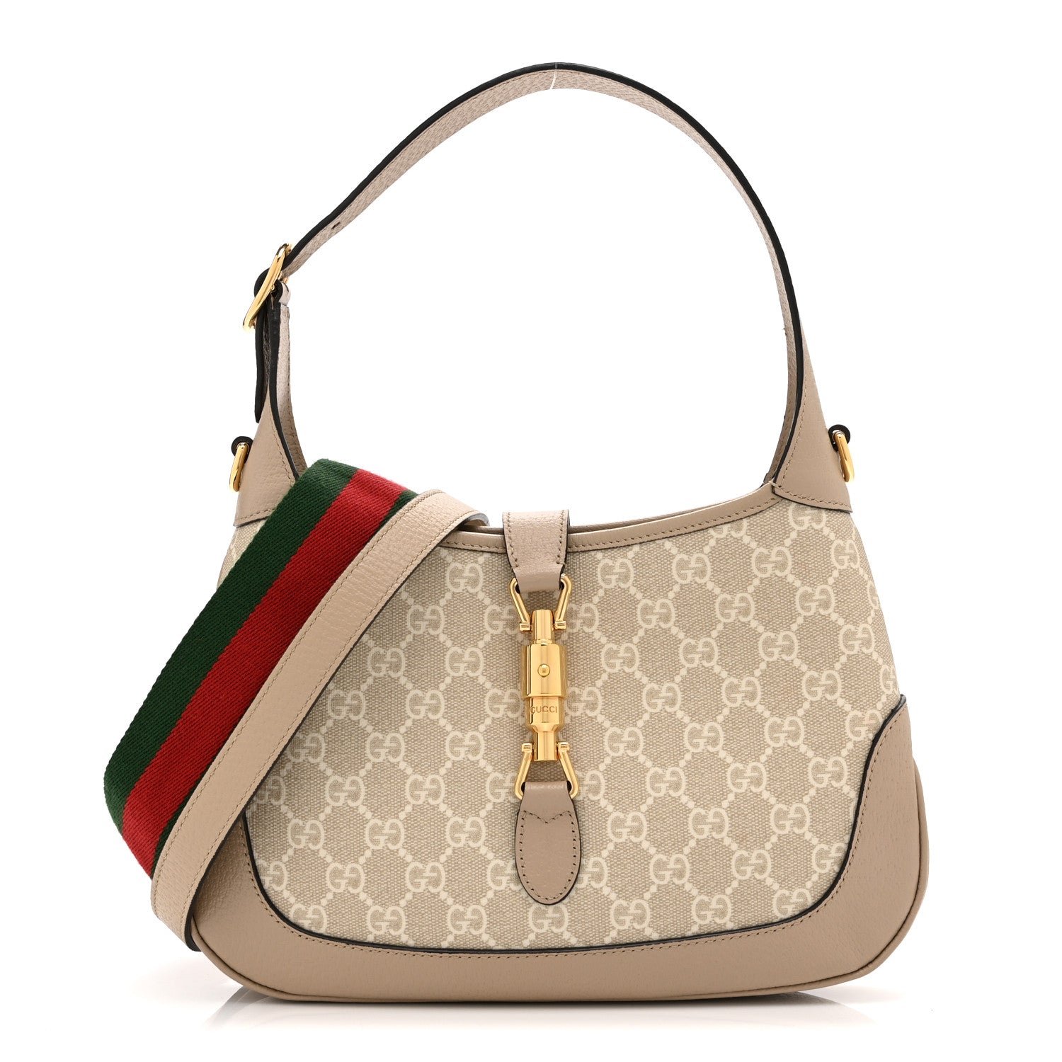 Gucci GG Supreme Monogram Textured Dollar Calfskin Web Small Jackie 1961 Hobo Beige Mystic White Oatmeal