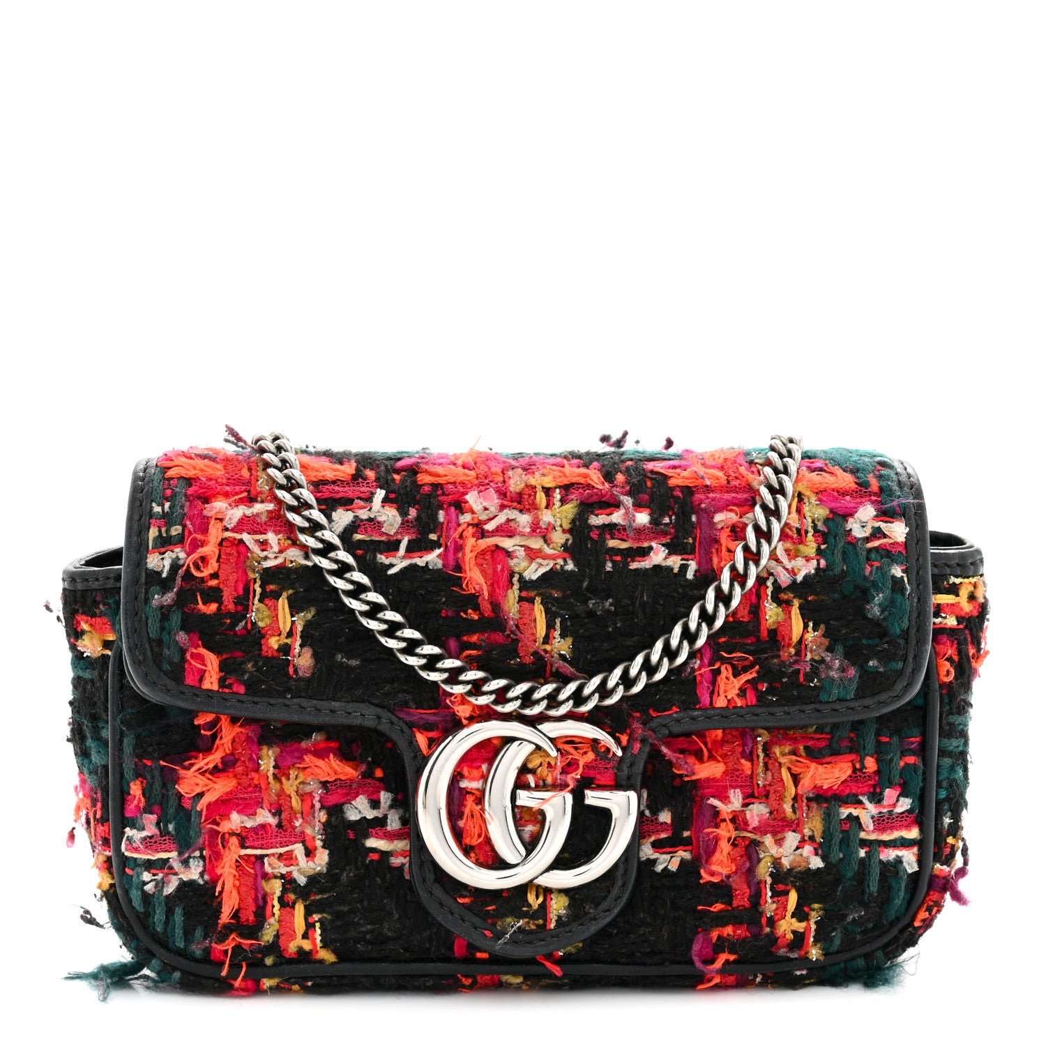 Gucci Tweed Calfskin Check Poule Super Mini GG Marmont Shoulder Bag Pink Petroleum Multicolor Black