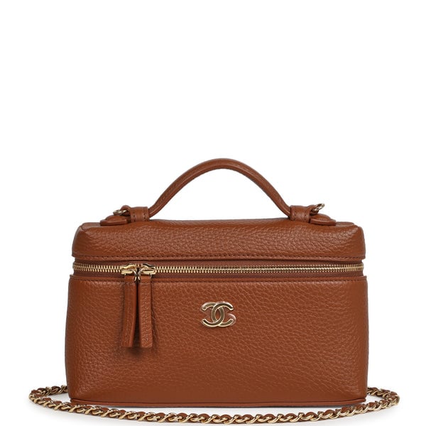 Chanel "Supple" Top Handle Long Vanity Case with Chain Camel Grained Calfskin Gold Hardware