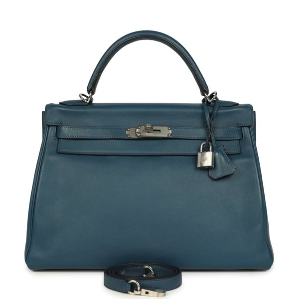 Hermes Pre-owned Hermes Kelly Retourne 32 Bleu De Malte Swift Palladium Hardware