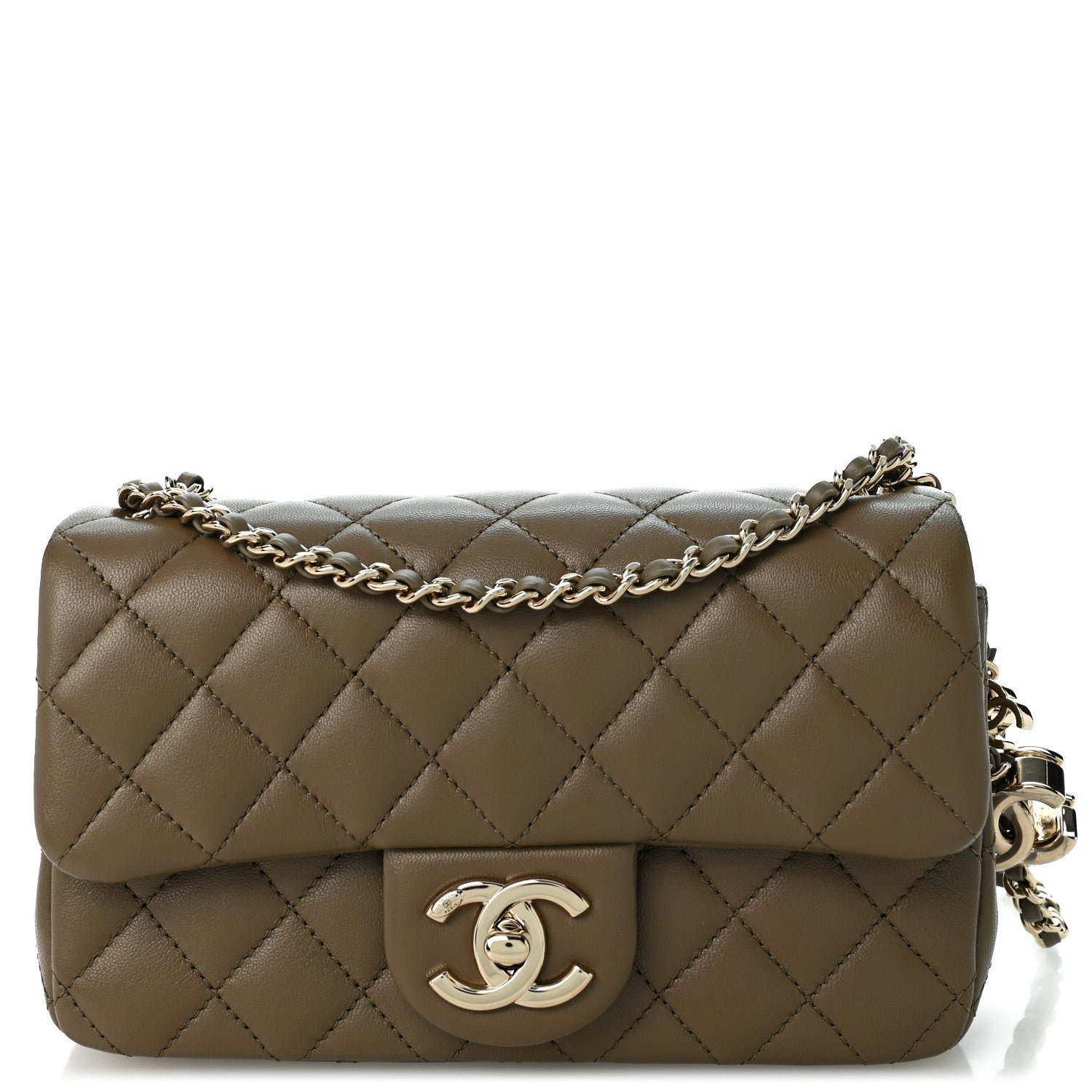 Chanel Lambskin Quilted Mini Rectangular CC Slide Flap Dark Khaki