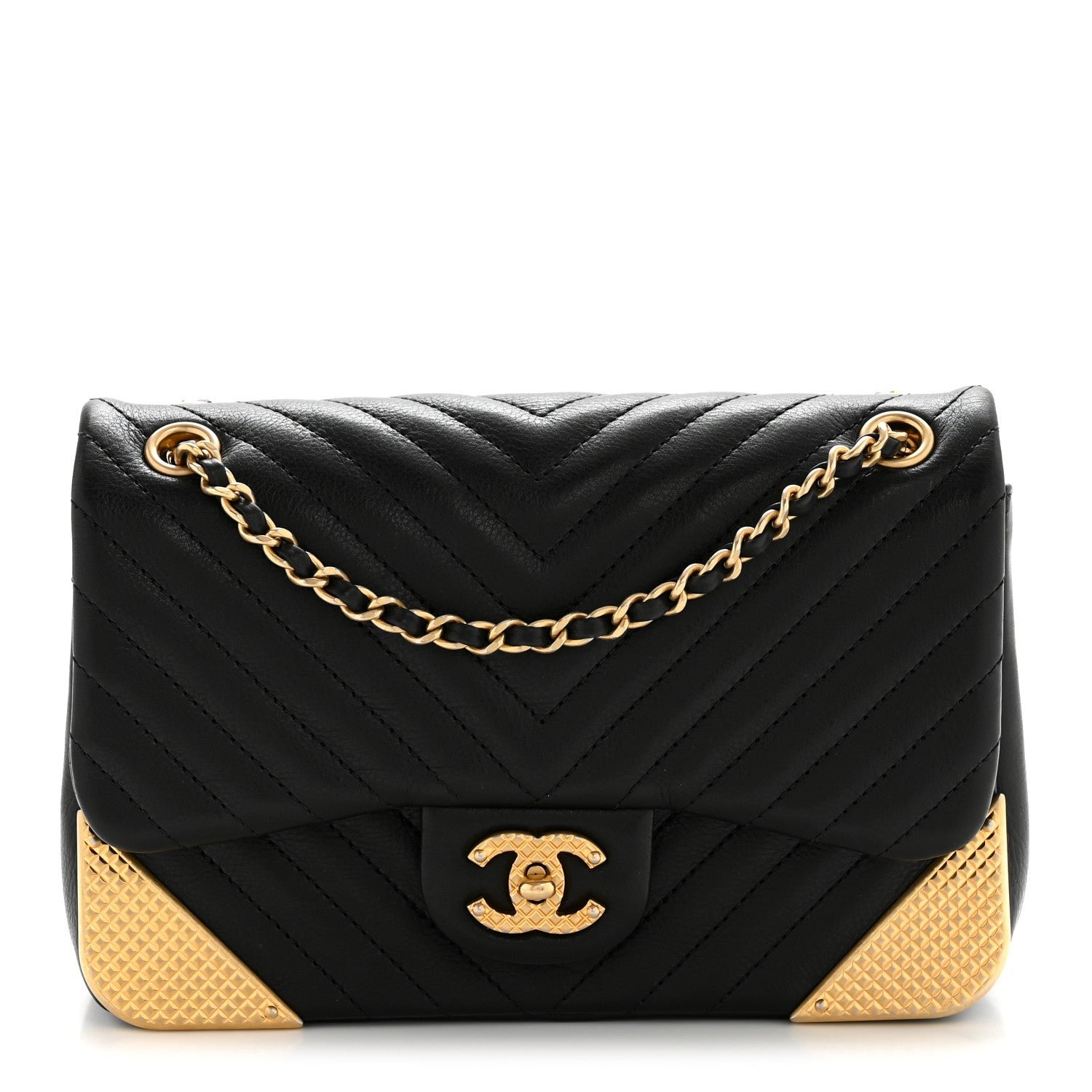 Chanel Calfskin Chevron Quilted Mini Rock The Corner Flap Black